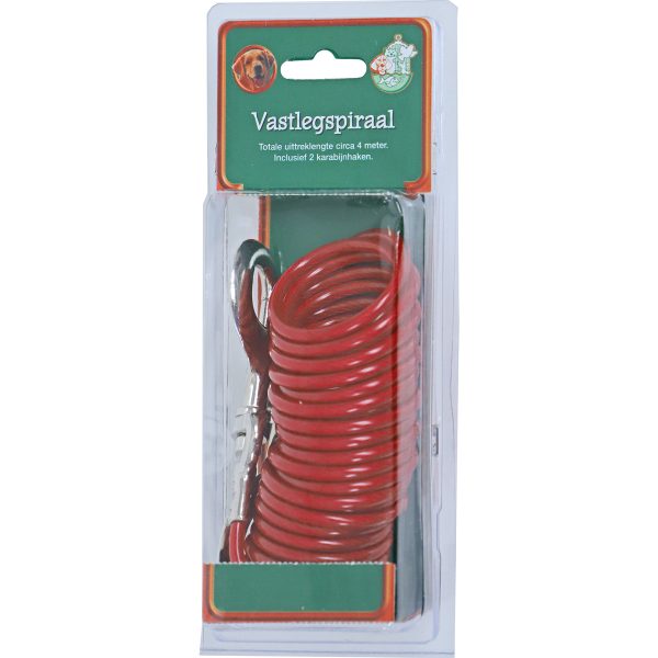 Vastlegspiraal met Twee Musketonhaken Met Bijtvast Touw. Rood gekleurd. Afbeelding met product in verpakking.