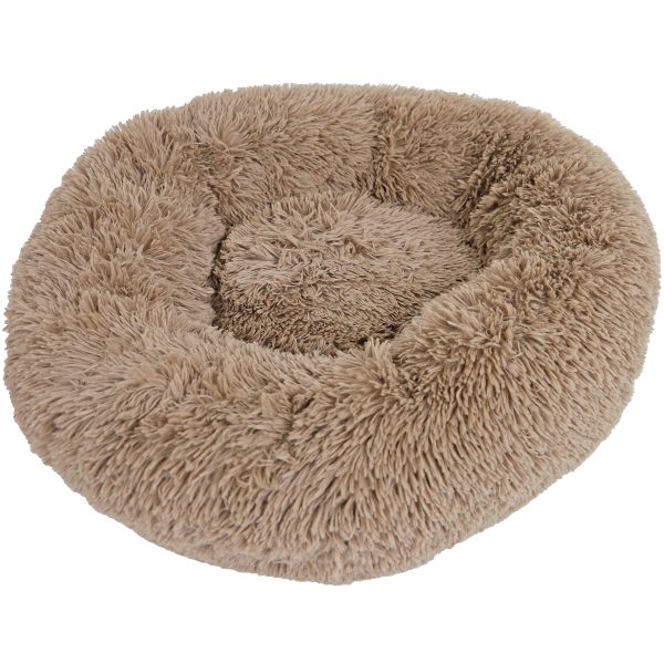 Een ronde, donutvormige, Bruine superzachte pluche huisdierenmand met langharig faux-fur, ideaal voor katten of kleine honden die graag opgerold slapen.