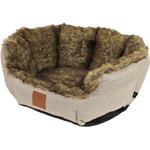 Boony-Est.-1941-Highland-Kattenmand 50CM zachte Faux fur Binnenkant bruine kleur Trendy Design met beige buitenkant Antislip Bodem Kattencomfort