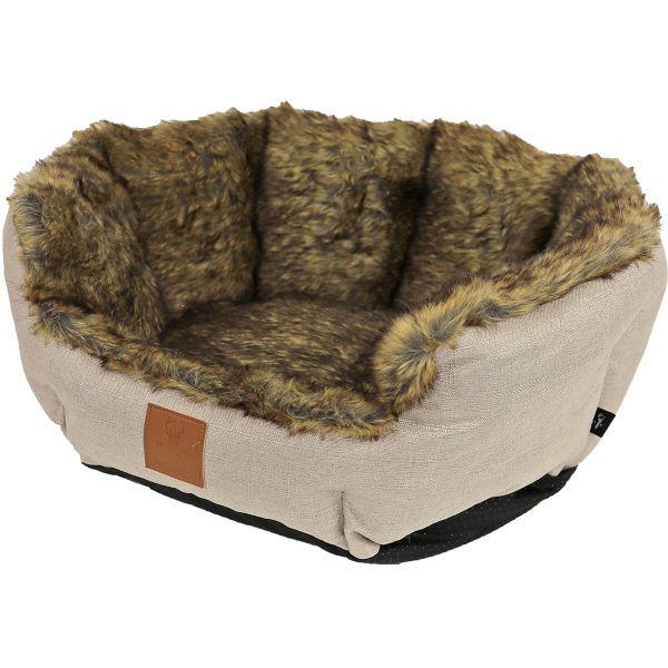 Boony-Est.-1941-Highland-Kattenmand 50CM zachte Faux fur Binnenkant bruine kleur Trendy Design met beige buitenkant Antislip Bodem Kattencomfort