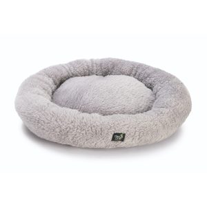 Afbeelding van duurzame katten mand met sherpa stof. licht grijs pluche stof kattenmand met een diameter van 40 centimeter