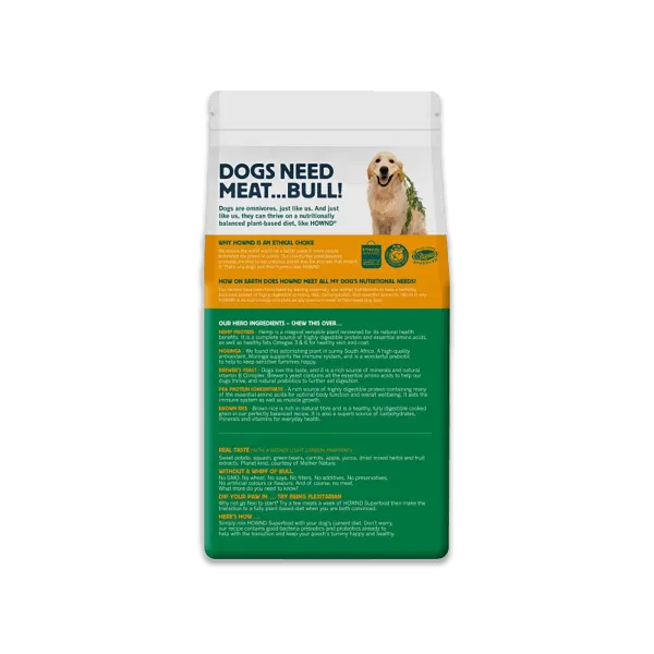 Vegan hondenvoer van HOWND plant powered superfood, achterkant van zak van 2KG
