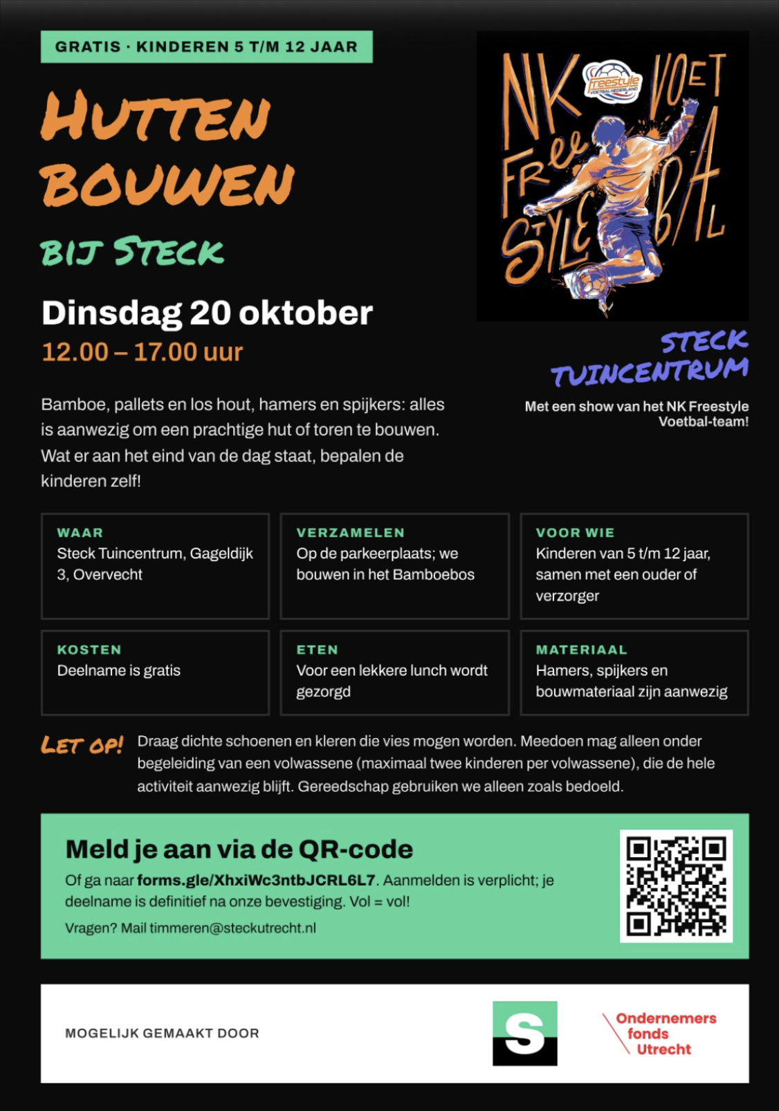 Flyer hutten bouwen bij Steck op dinsdag 20 oktober