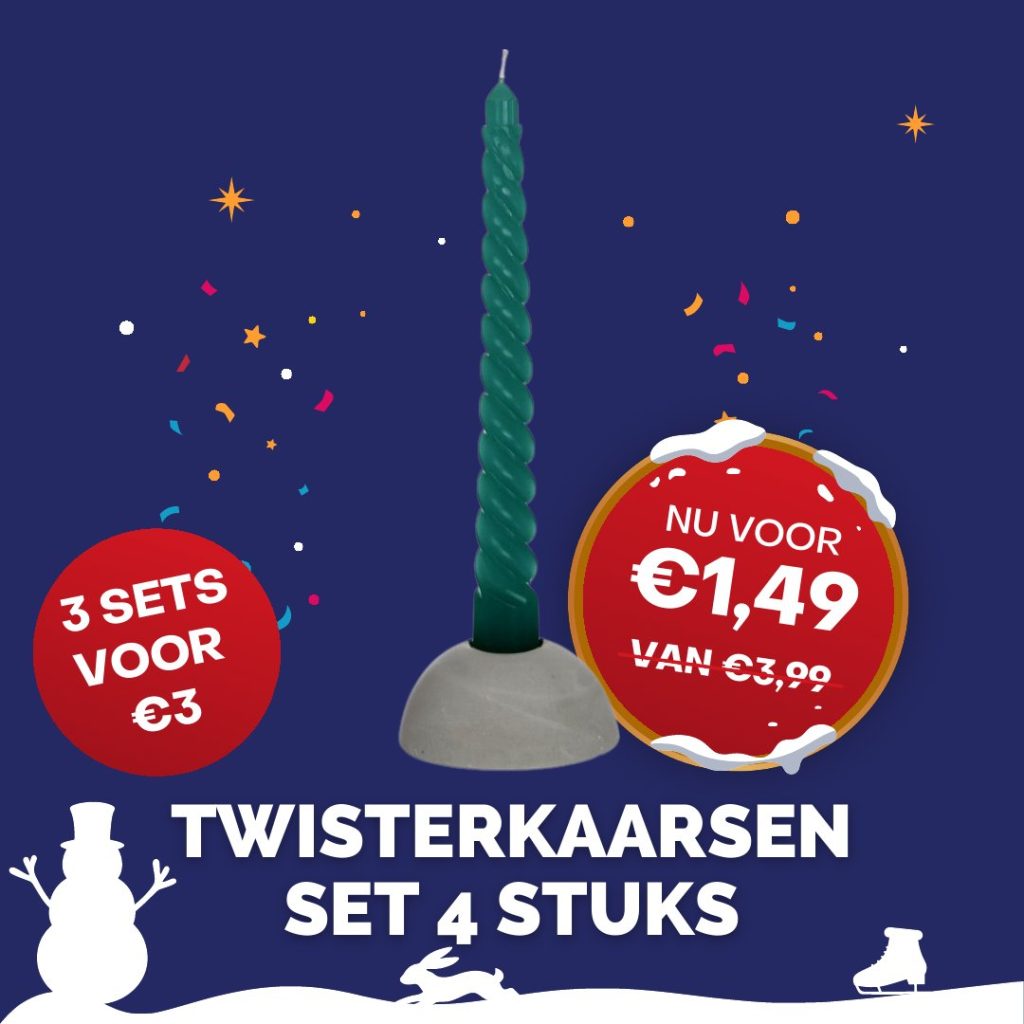 Kerstaanbieding: Twisterkaarsen set 4 stuks, nu voor €1,49 (van €3,99), 3 sets voor €3